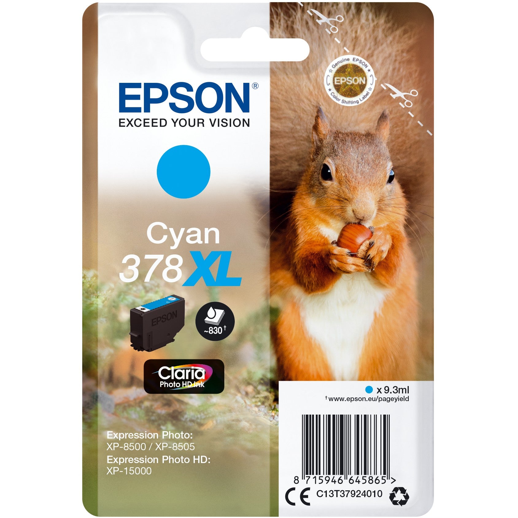 Epson Squirrel Singlepack Cyan 378XL Claria Photo HD tinta. Visoki (XL) prinos. Cijan. 9,3 ml. 1 komad. 830 stranica.