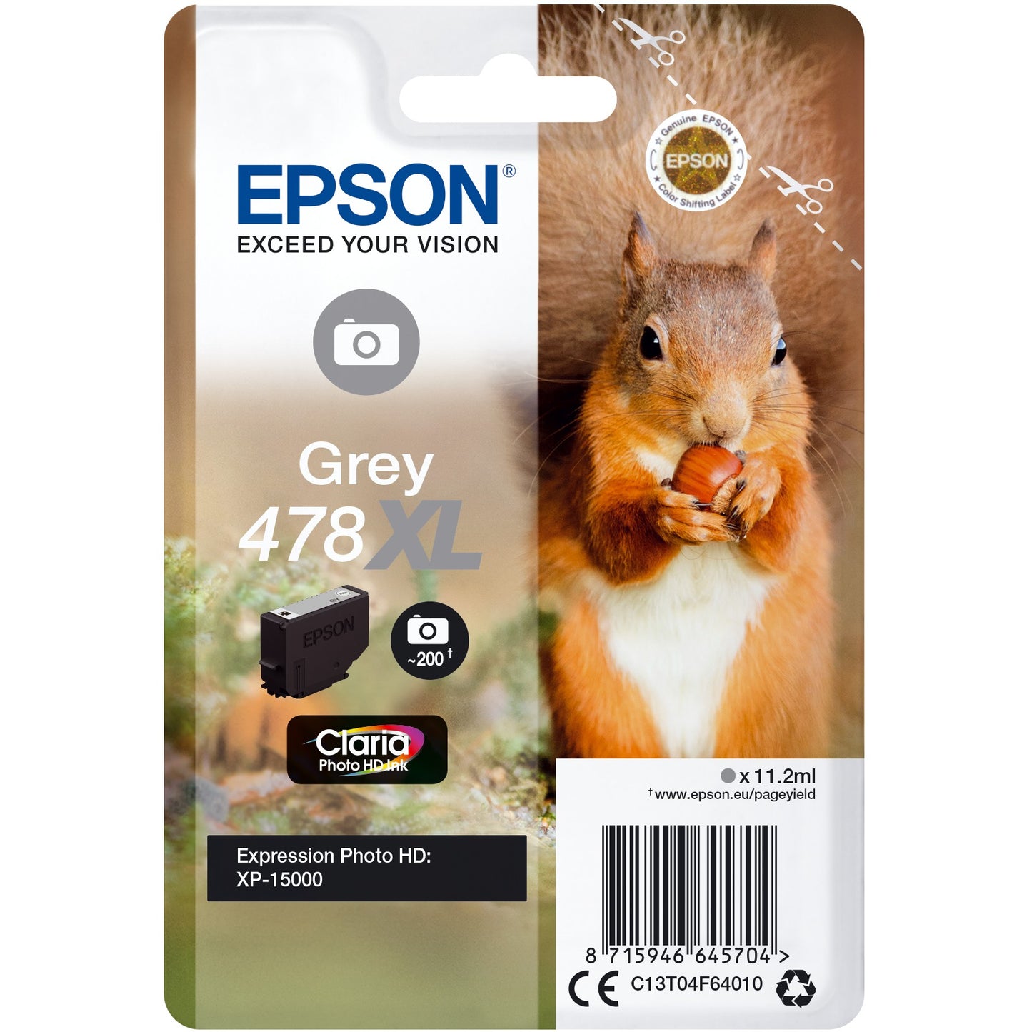 Epson Squirrel Singlepack siva 478XL Claria Photo HD tinta. Visok (XL) prinos. Siva. Tinta na bazi boje. 11,2 ml. 1 jedinica. 200 stranica.