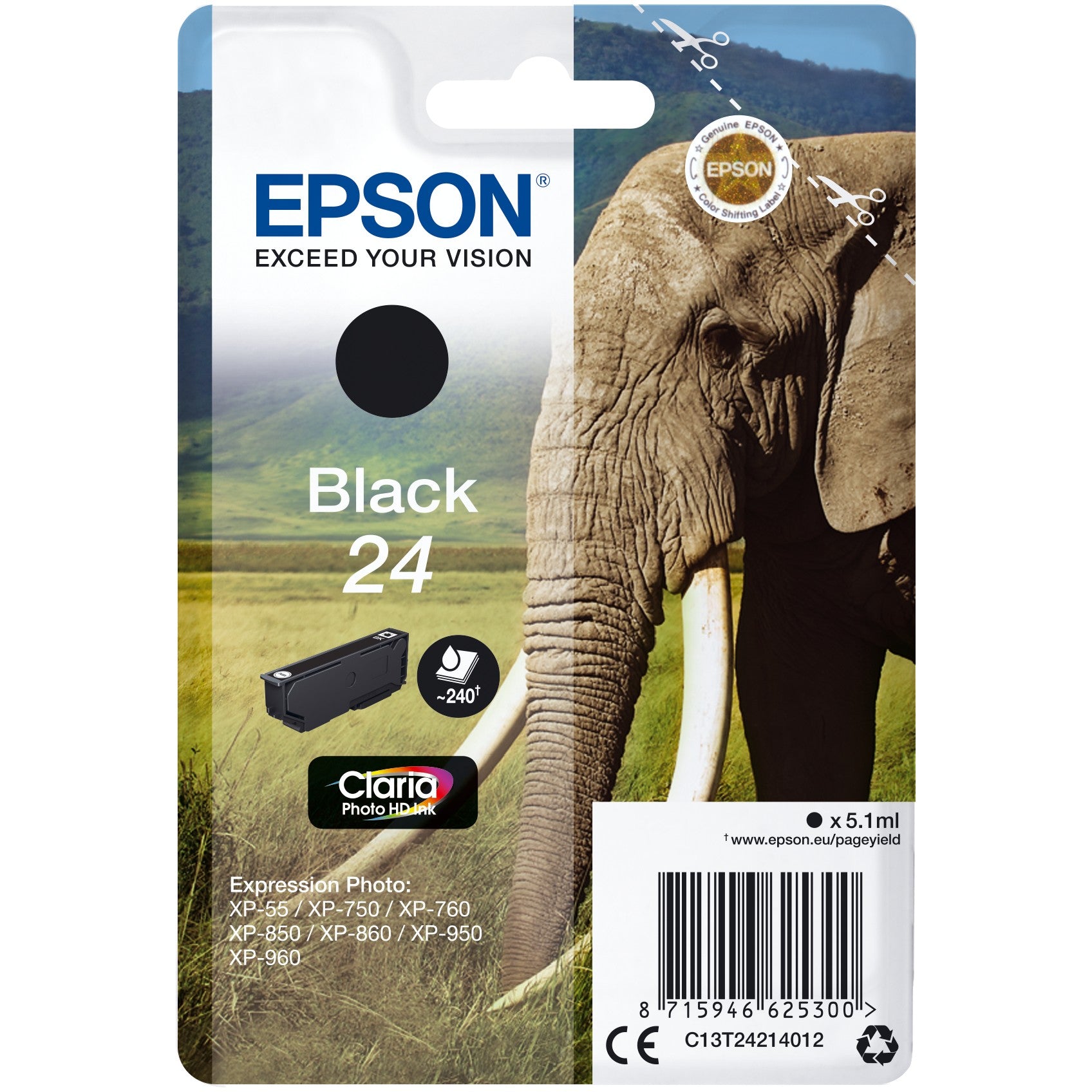 Epson Elephant Singlepack Black 24 Claria Photo HD tinta. Standardni prinos. Crna. Tinta na bazi pigmenta. 5,1 ml. 1 komad. 240 stranica.