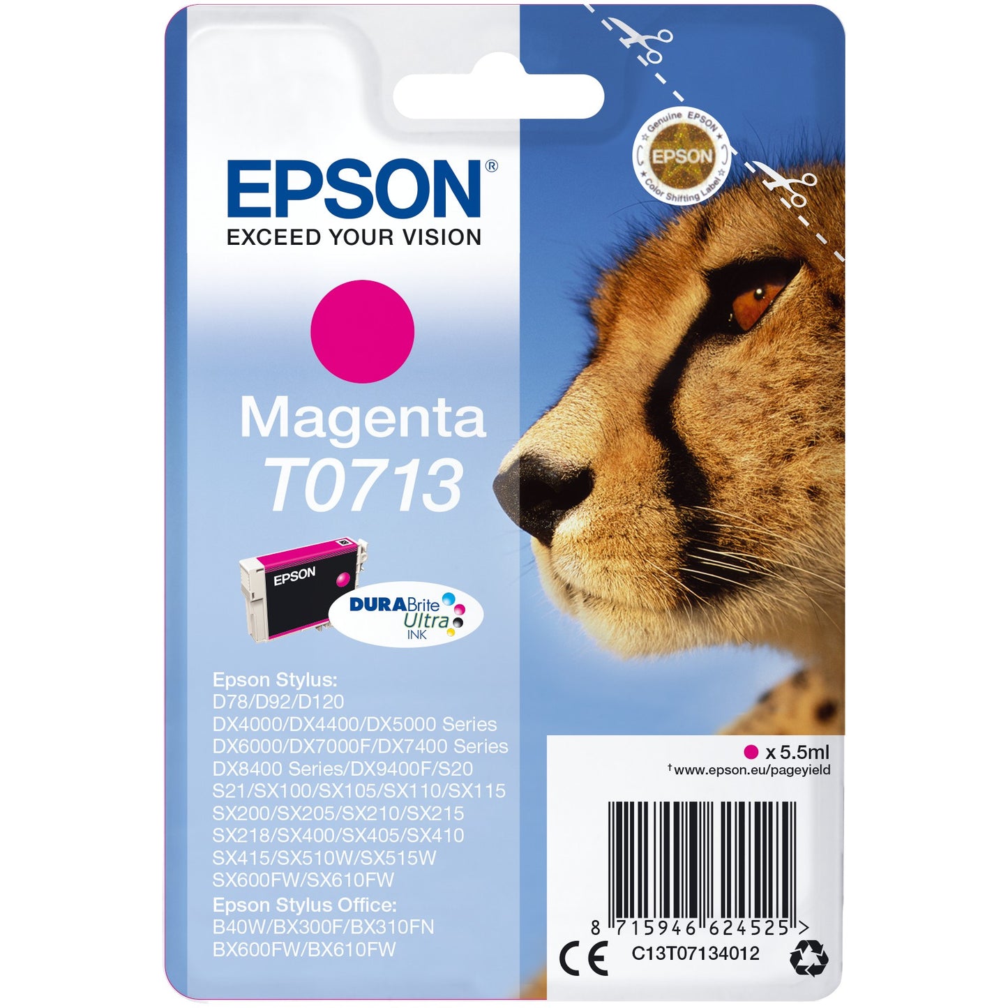 Epson Singlepack Magenta T0713 DURABrite Ultra tinta. Standardni prinos. Magenta. Tinta na bazi pigmenta. 5,5 ml. 1 komad.