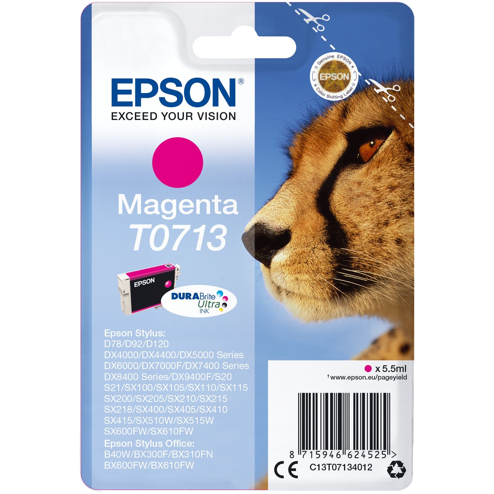Epson Singlepack Magenta T0713 DURABrite Ultra tinta. Standardni prinos. Magenta. Tinta na bazi pigmenta. 5,5 ml. 1 komad.