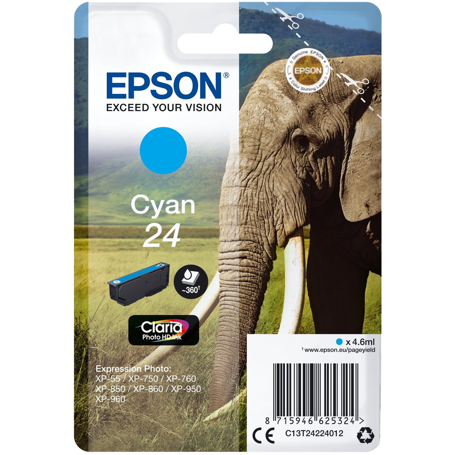 Epson Elephant Singlepack Cyan 24 Claria Photo HD tinta. Standardni prinos. Cijan. Tinta na bazi boje. 4,6 ml. 1 jedinica. 360 stranica.