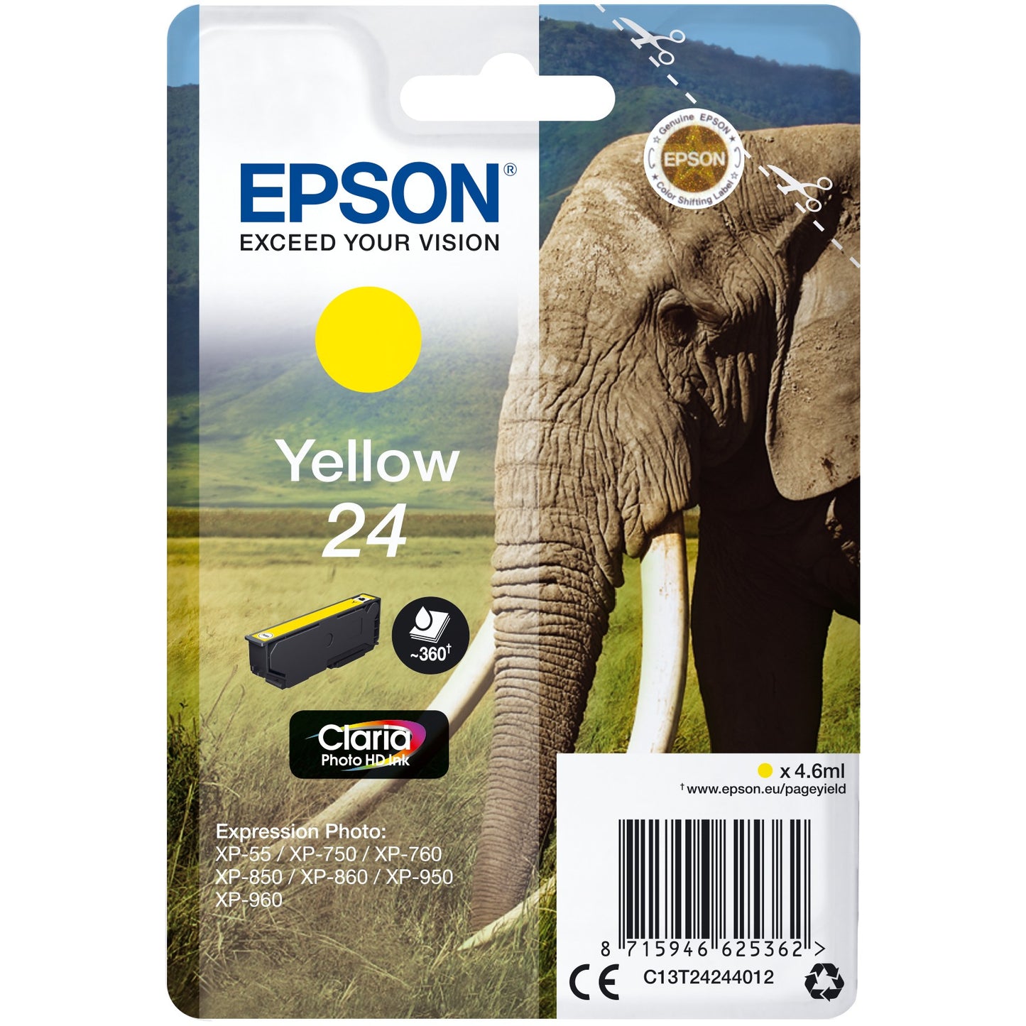 Epson Elephant pojedinačno pakovanje žute 24 Claria Photo HD tinte. Standardni prinos. Žuta. Tinta na bazi pigmenta. 4,6 ml. 1 komad. 360 stranica.