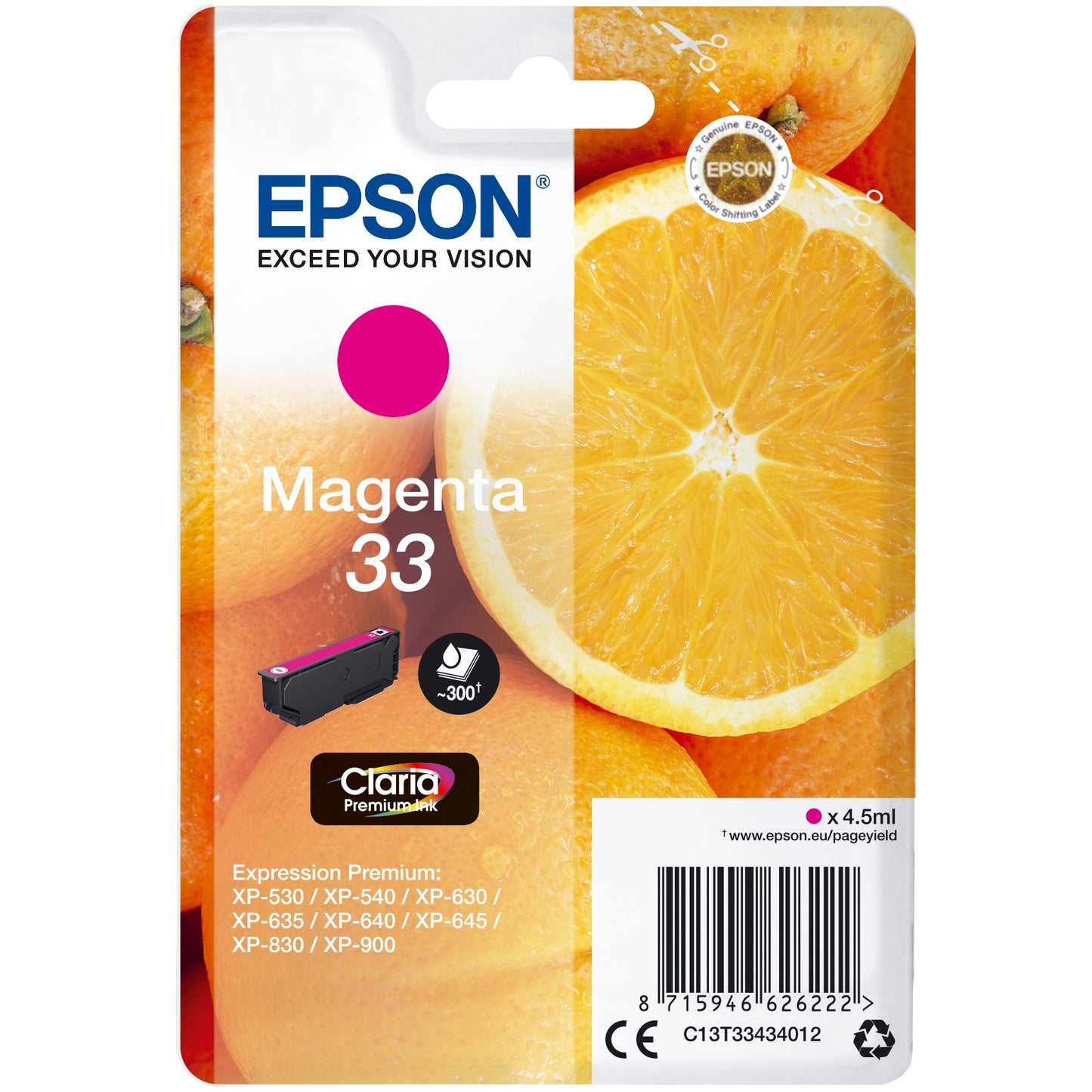 Epson Oranges Pojedinačno pakovanje Magenta 33 Claria Premium mastilo. Standardni prinos. Magenta. Mastilo na bazi pigmenta. 4,5 ml. 1 komad. 300 stranica.
