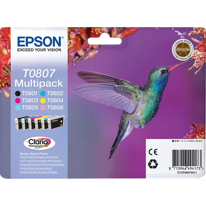 Epson Hummingbird višebojno pakovanje od 6 boja T0807 Claria fotografska tinta. Crna. Cijan. Svijetlo cijan. Svijetlo magenta. Magenta. Žuta. 1 komad. Višebojno pakovanje.