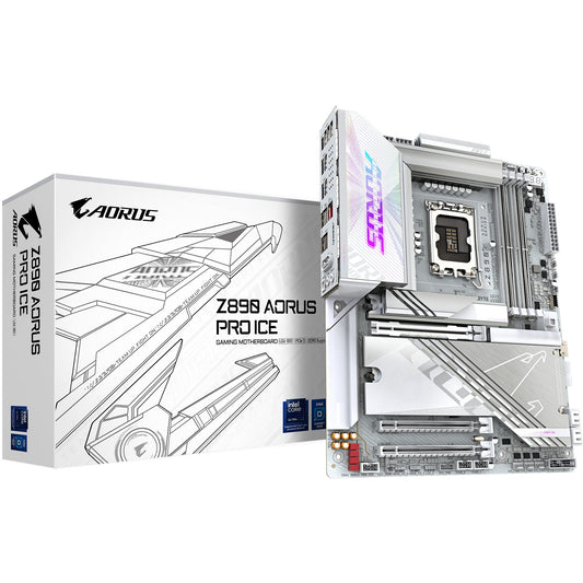GIGABYTE Z890 AORUS PRO ICE matična ploča - Podržava Intel Core Ultra (Serija 2) procesore. 16+1+2 fazni VRM. Do 9500MHz DDR5 (OC). 1x PCIe 5.0 + 4x PCIe 4.0. Wi-Fi 7. 5GbE LAN. Thunderbolt 4. Intel. LGA 1851 (Socket V1). Intel Core Ultra (Serija 2). LGA 1851. 256 GB DDR5 SDRAM.