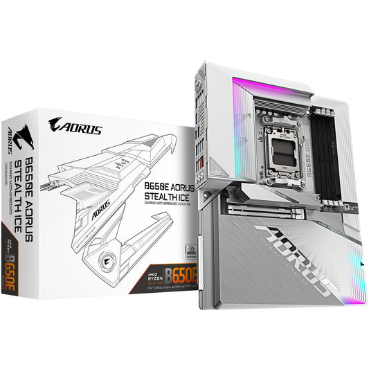 GIGABYTE B650E AORUS STEALTH ICE matična ploča - AMD Ryzen 9000 serija. 12+2+2 fazni VRM. Do 8000 MHz DDR5 (OC). 1x PCIe 5.0 + 2x PCIe 4.0 M.2. 2.5 GbE LAN. Wi-Fi 7. USB 3.2 Gen 2x2. AMD. Podnožje AM5. AMD Ryzen 7000 serija. AMD Ryzen 8000 serija. AMD Ryzen 9000 serija. Podnožje AM5. DDR5 SDRAM. 256 GB