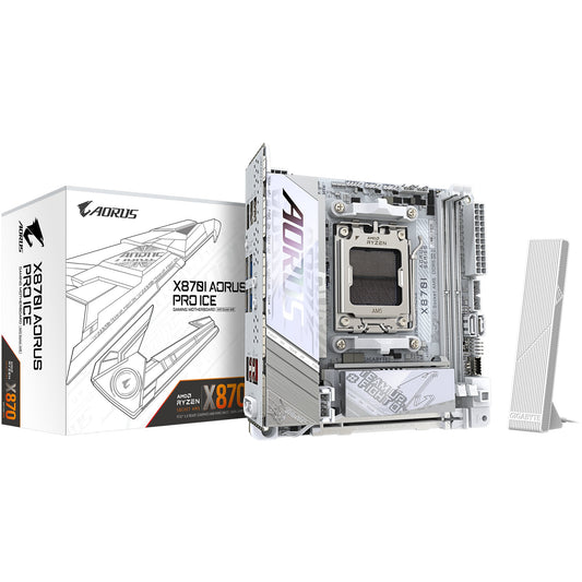 GIGABYTE X870I AORUS PRO ICE matična ploča - Podržava AMD Ryzen 9000 seriju procesora. 8+2+1 fazni VRM. Do 8400 MHz DDR5 (OC). 1x PCIe 5.0 M.2 + 1x PCIe 4.0 M.2. Wi-Fi 7. 2.5 GbE LAN. USB 4. AMD. Podnožje AM5. AMD Ryzen 7000 serija. AMD Ryzen 8000 serija. AMD Ryzen 9000 serija. Podnožje AM5. DDR5 SDRAM. 128 GB