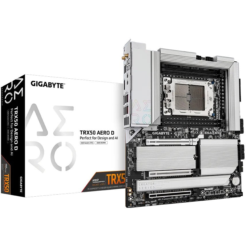 GIGABYTE TRX50 AERO D matična ploča - Podržava AMD Ryzen Threadripper 9000 seriju procesora. 16+8+4 faze digitalnog VRM-a. do 7800MHz DDR5 (OC). 3xPCIe 5.0 + 1xPCIe 4.0 M.2. Wi-Fi 7. 10GbE LAN. USB4. AMD. Socket sTR5. AMD Ryzen Threadripper 1000 serija. 1TB. DDR5 SDRAM. 1TB