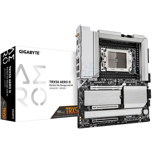 GIGABYTE TRX50 AERO D matična ploča - Podržava AMD Ryzen Threadripper 9000 seriju procesora. 16+8+4 faze digitalnog VRM-a. do 7800MHz DDR5 (OC). 3xPCIe 5.0 + 1xPCIe 4.0 M.2. Wi-Fi 7. 10GbE LAN. USB4. AMD. Socket sTR5. AMD Ryzen Threadripper 1000 serija. 1TB. DDR5 SDRAM. 1TB