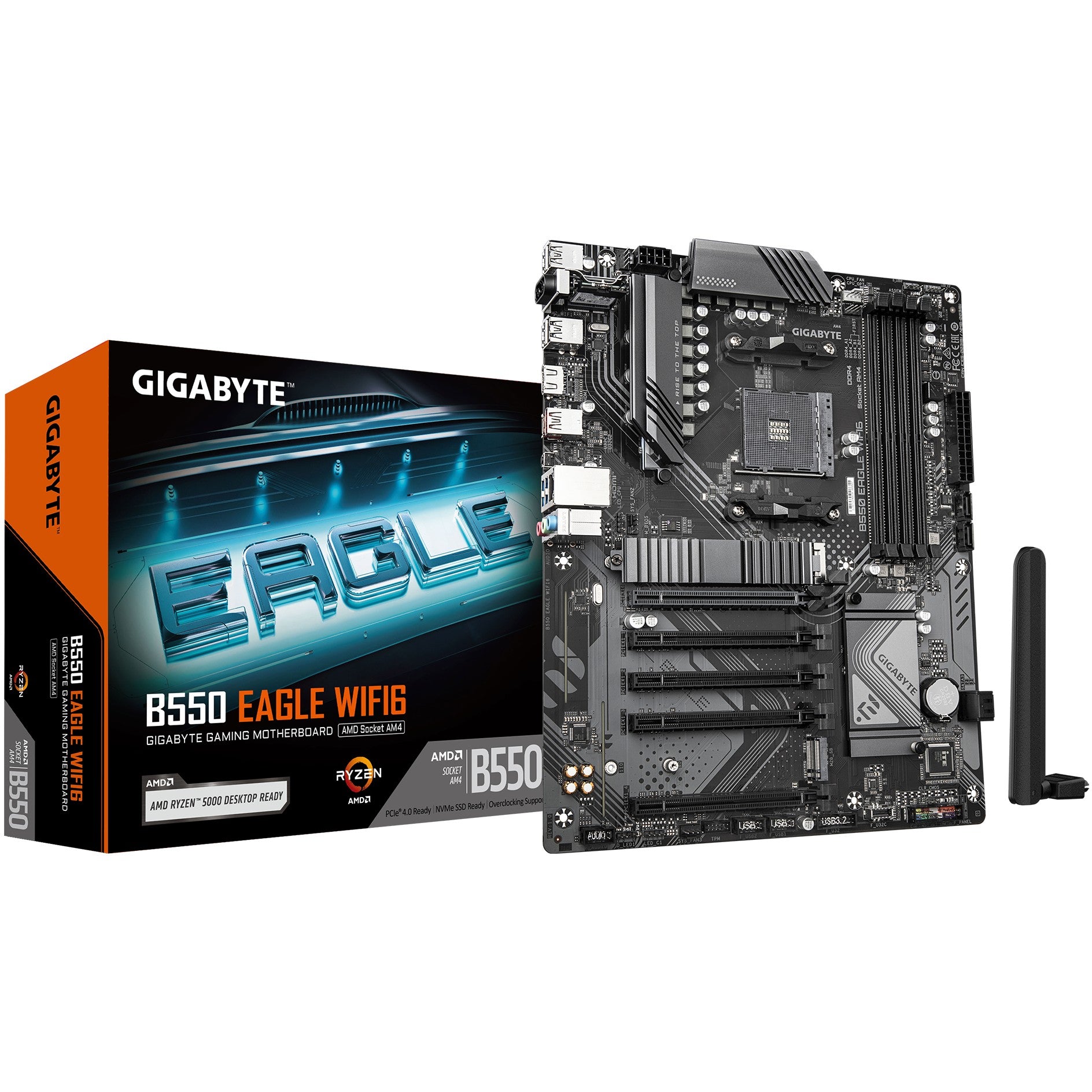 GIGABYTE B550 EAGLE WIFI6 matična ploča – AMD Ryzen 5000 G-serija CPU-i. 10+3+1 fazni VRM. Do 3200 MHz DDR4. 1x PCIe 4.0 + 1x PCIe 3.0 M.2. 1GbE LAN. WIFI 6. USB 3.2 Gen 2. AMD. Podnožje AM4. AMD Ryzen 3000 serija. AMD Ryzen 4000 serija. AMD Ryzen 5000 serija. Podnožje AM4. DDR4-SDRAM. 128 GB