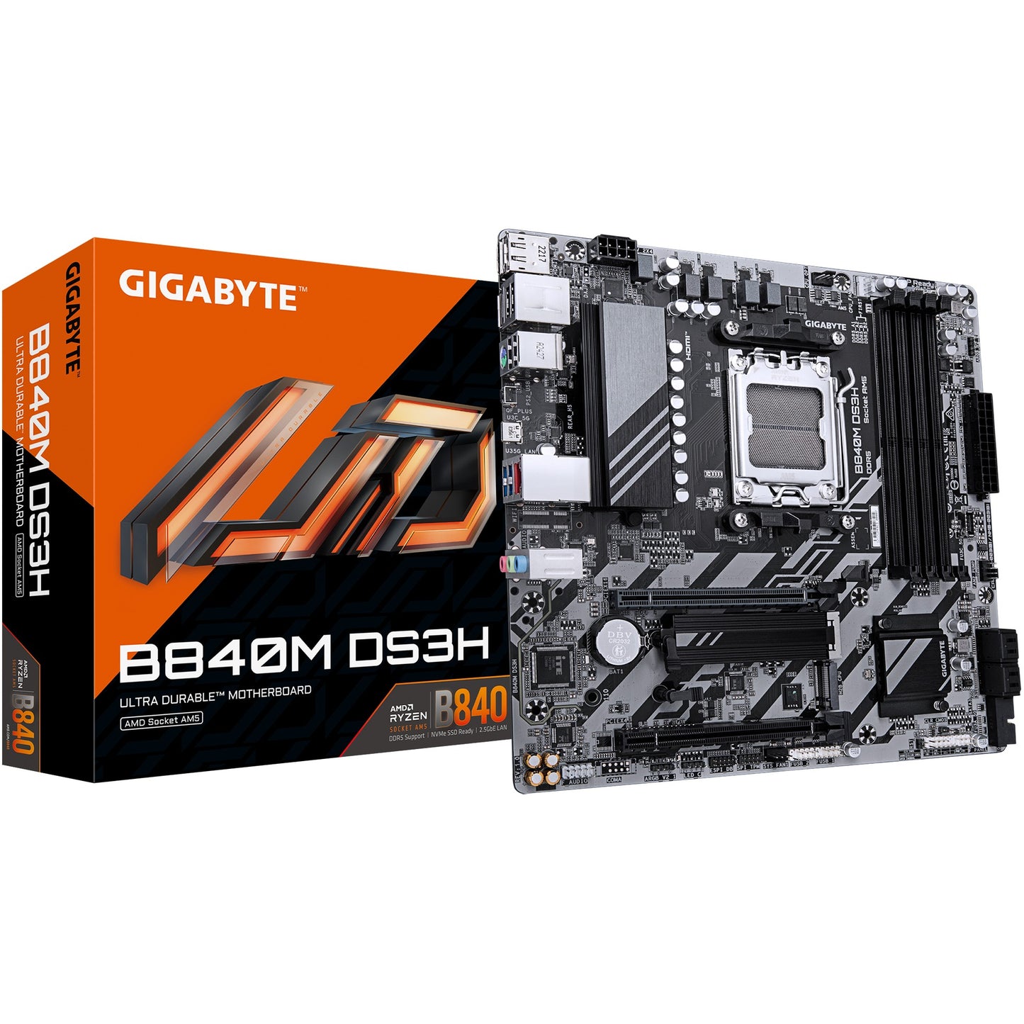 GIGABYTE B840M DS3H matična ploča – AMD Ryzen 9000 procesori. 8+2+2 fazni VRM. Do 8200 MHz DDR5. 2x PCIe 4.0 M.2. 2.5GbE LAN. USB 3.2 Gen 1. AMD. Podnožje AM5. AMD Ryzen 7000 serija. AMD Ryzen 8000 serija. AMD Ryzen 9000 serija. Podnožje AM5. DDR5-SDRAM. 256 GB