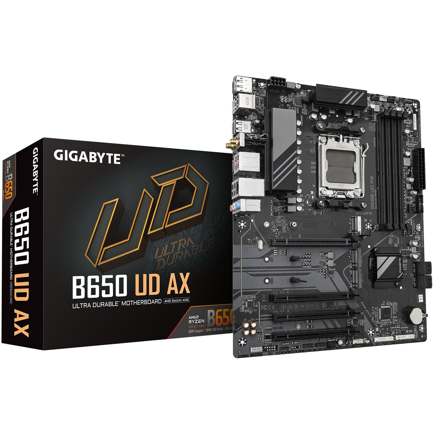 GIGABYTE B650 UD AX matična ploča - Podržava AMD Ryzen 9000 seriju procesora. 6+2+2 fazni VRM. Do 7600MHz DDR5 (OC). 1x PCIe 5.0 + 2x PCIe 4.0 M.2. GbE LAN. Wi-Fi 6. USB 3.2 Gen 2. AMD. Podnožje AM5. AMD Ryzen 7000 serija. AMD Ryzen 8000 serija. AMD Ryzen 9000 serija. Podnožje AM5. DDR5-SDRAM. 256 GB