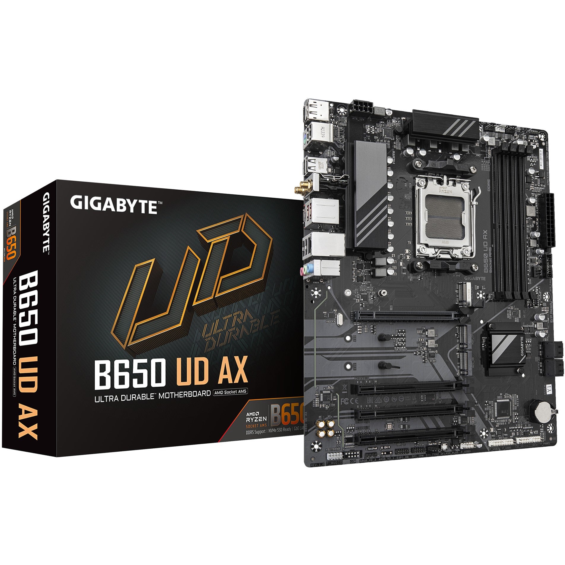 GIGABYTE B650 UD AX matična ploča - Podržava AMD Ryzen 9000 seriju procesora. 6+2+2 fazni VRM. Do 7600MHz DDR5 (OC). 1x PCIe 5.0 + 2x PCIe 4.0 M.2. GbE LAN. Wi-Fi 6. USB 3.2 Gen 2. AMD. Podnožje AM5. AMD Ryzen 7000 serija. AMD Ryzen 8000 serija. AMD Ryzen 9000 serija. Podnožje AM5. DDR5-SDRAM. 256 GB