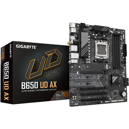 GIGABYTE B650 UD AX matična ploča - Podržava AMD Ryzen 9000 seriju procesora. 6+2+2 fazni VRM. Do 7600MHz DDR5 (OC). 1x PCIe 5.0 + 2x PCIe 4.0 M.2. GbE LAN. Wi-Fi 6. USB 3.2 Gen 2. AMD. Podnožje AM5. AMD Ryzen 7000 serija. AMD Ryzen 8000 serija. AMD Ryzen 9000 serija. Podnožje AM5. DDR5-SDRAM. 256 GB