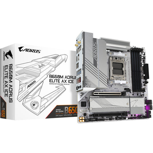 GIGABYTE B650M AORUS ELITE AX ICE matična ploča - AMD Ryzen 9000 serija. 12+2+2 faze VRM. do 8000 MHz DDR5 (OC). 1xPCIe 5.0 + 1xPCIe 4.0 M.2. 2.5GbE LAN. WIFI 6E. USB 3.2 Gen 2x2. AMD. Podnožje AM5. AMD Ryzen 7000 serija. AMD Ryzen 8000 serija. AMD Ryzen 9000 serija. Podnožje AM5. DDR5 SDRAM. 256GB