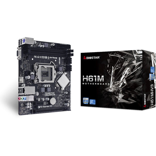 Biostar H61MHV3. Intel. LGA 1155 (Socket H2). Intel® Celeron®. Intel® Core™ i3. Intel® Core™ i5. Intel® Core™ i7. Intel® Pentium®. LGA 1155 (Socket H2). DDR3-SDRAM. DIMM