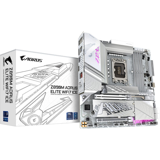 GIGABYTE Z890M AORUS ELITE WIFI7 ICE matična ploča - Podržava Intel Core Ultra (Serija 2) procesore. 12+1+2 fazni VRM. Do 8800MHz DDR5 (OC). 1x PCIe 5.0 + 2x PCIe 4.0. Wi-Fi 7. 2.5GbE LAN. USB 4. Intel. LGA 1851 (Socket V1). Intel Core Ultra (Serija 2). LGA 1851. 256 GB DDR5 SDRAM.