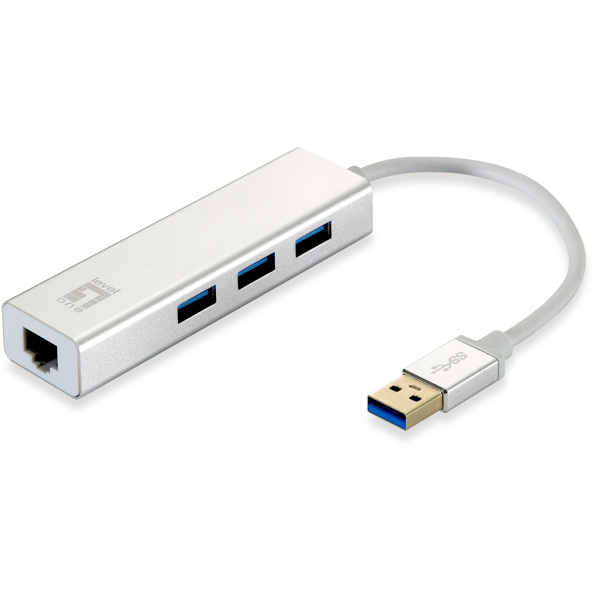 LevelOne USB-0503 Gigabit USB mrežni adapter sa USB hubom. Žični. USB. Ethernet. 1000 Mbps. Srebrni. Bijeli