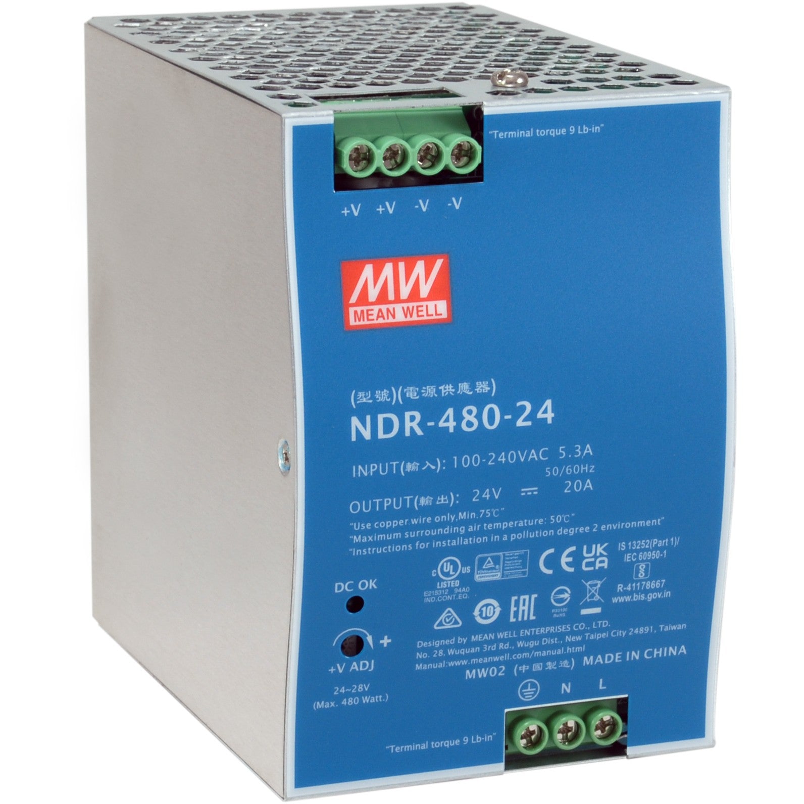 LevelOne 24V DC industrijsko napajanje. 480W. DIN šina. -20°C do +70°C. 480W. 90-264V. 47-63Hz. 4.8A. 16ms. Zaštita od preopterećenja. Zaštita od prenapona. Zaštita od kratkog spoja.