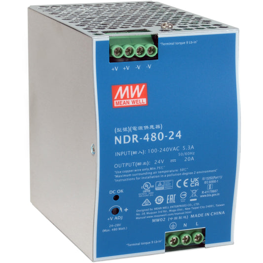 LevelOne 24V DC industrijsko napajanje. 480W. DIN šina. -20°C do +70°C. 480W. 90-264V. 47-63Hz. 4.8A. 16ms. Zaštita od preopterećenja. Zaštita od prenapona. Zaštita od kratkog spoja.