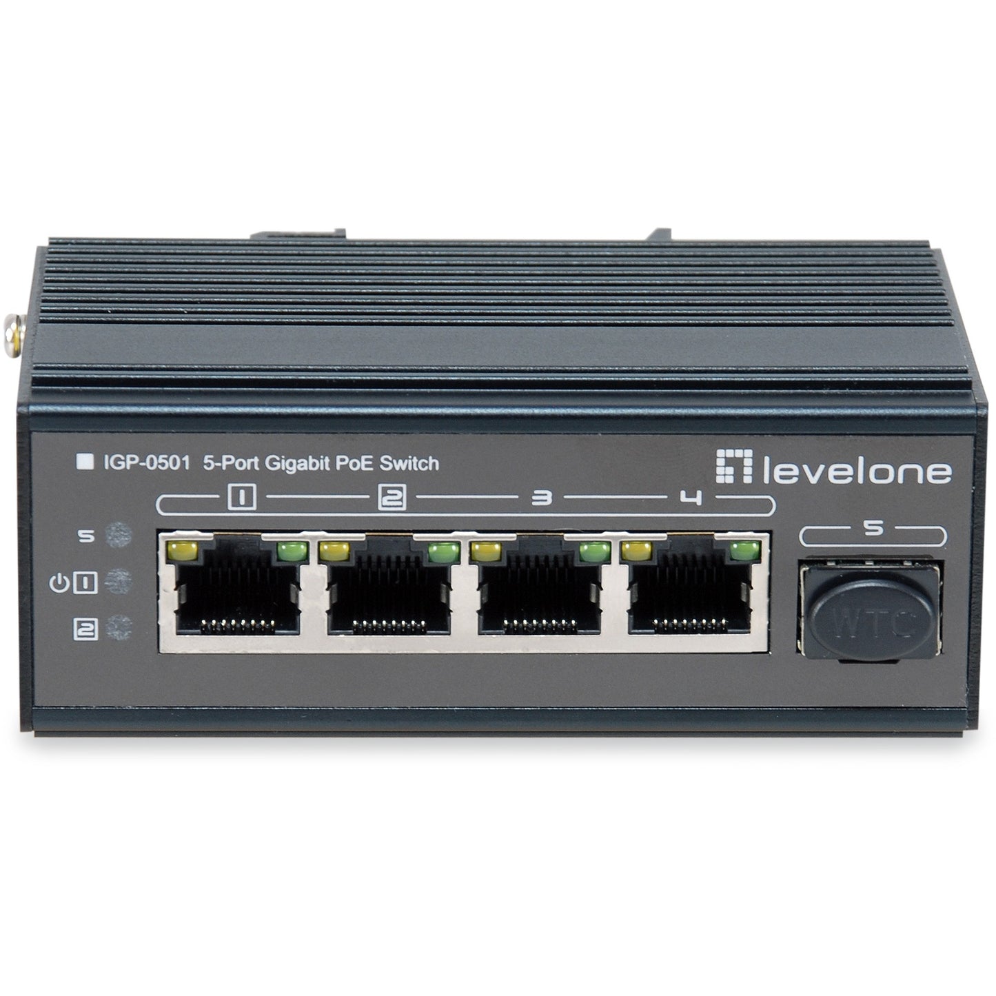 LevelOne 5-portni gigabitni industrijski prekidač. DIN šina. -30°C do 65°C. Gigabitni Ethernet (10/100/1000). Potpuni dupleks. Napajanje preko Etherneta (PoE). Montaža na zid.