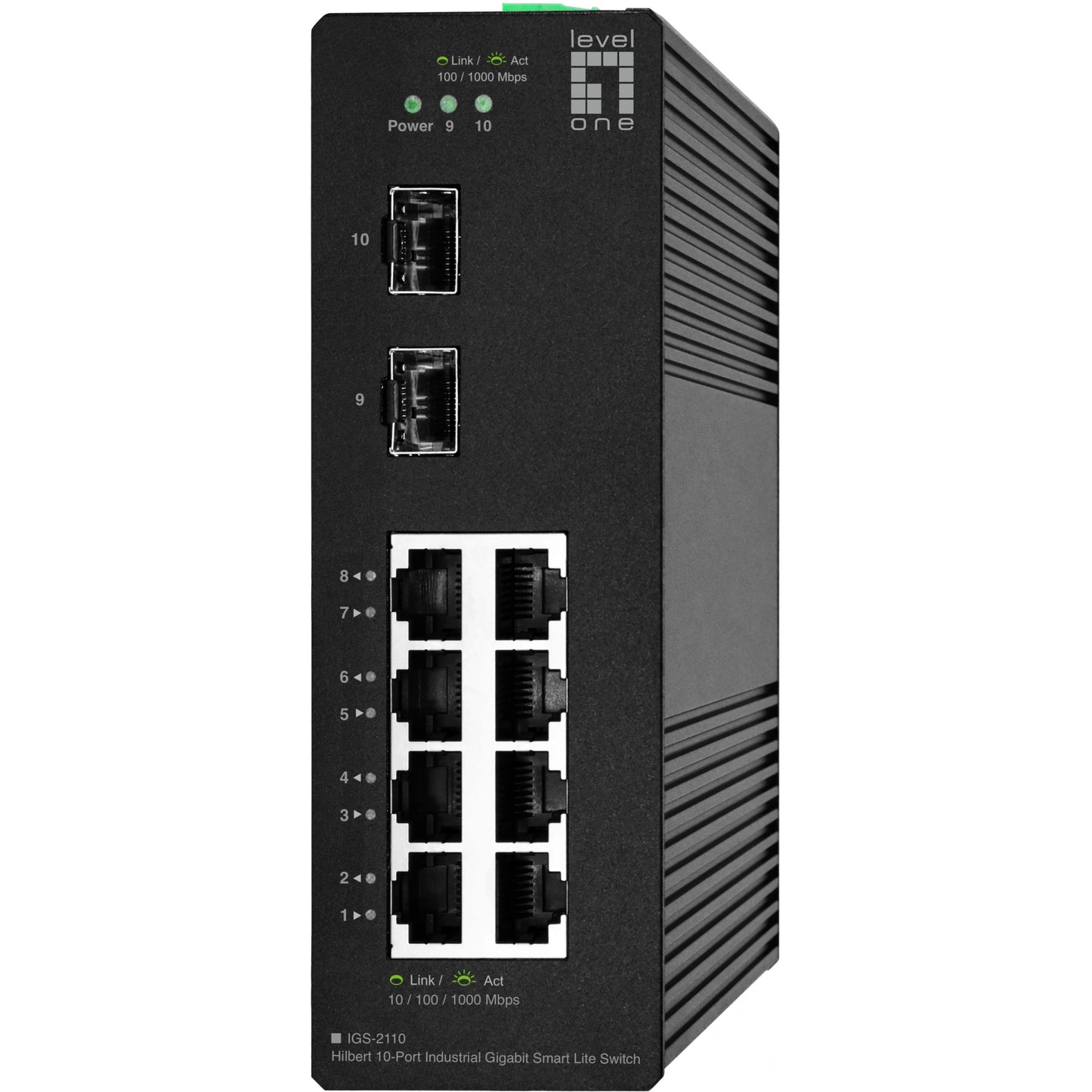 LevelOne Hilbert industrijski gigabitni pametni Lite prekidač sa 10 portova. 8 x gigabitni RJ45. 2 x gigabitni SFP. Upravljani. L2. Gigabit Ethernet (10/100/1000). Puni dupleks.