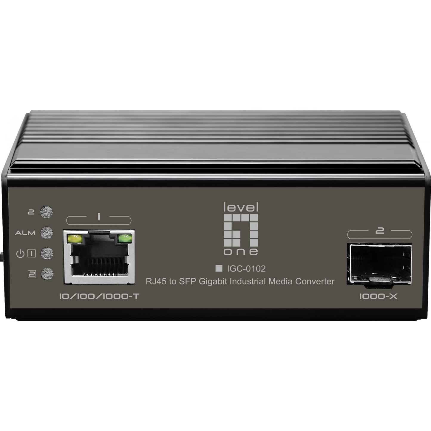 LevelOne IGC-0102. 1000 Mbps. IEEE 802.3. IEEE 802.3ab. IEEE 802.3u. IEEE 802.3z. Aktivnost. Alarm. Veza. Performanse. Crna. Metalna. SFP