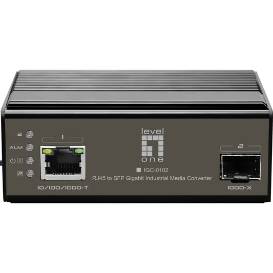 LevelOne IGC-0102. 1000 Mbps. IEEE 802.3. IEEE 802.3ab. IEEE 802.3u. IEEE 802.3z. Aktivnost. Alarm. Veza. Performanse. Crna. Metalna. SFP