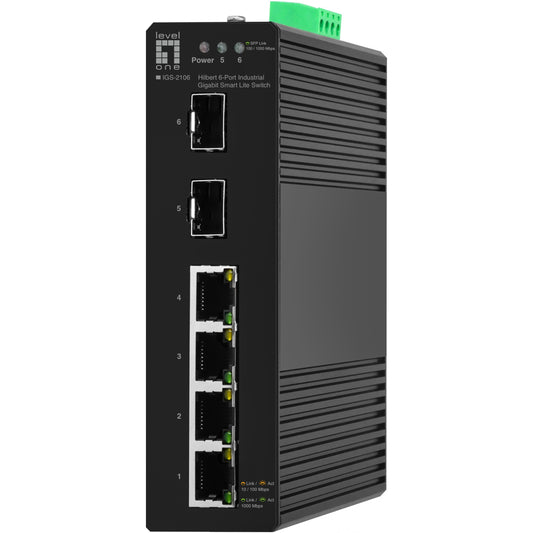 LevelOne Hilbert 6-portni gigabitni pametni Lite prekidač. 4 x gigabitni RJ45. 2 x gigabitni SFP. Upravljani. L2. Gigabit Ethernet (10/100/1000). Puni dupleks.