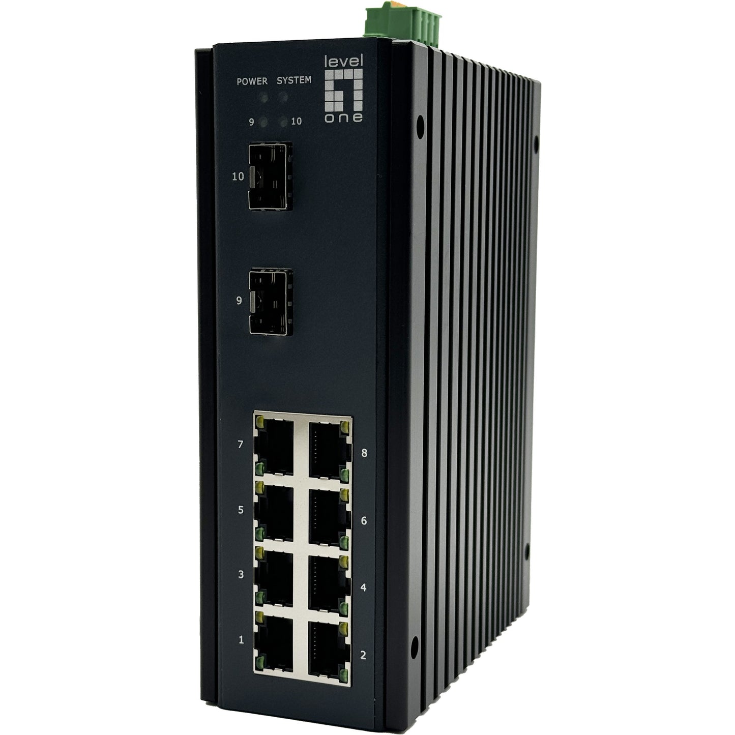 LevelOne 10-portni L2+ upravljani gigabitni industrijski prekidač. 8x 1GbE RJ45. 2x 1/2.5GbE SFP. Montaža na DIN šinu. -40°C do 75°C. Upravljani. L2+. Gigabit Ethernet (10/100/1000)