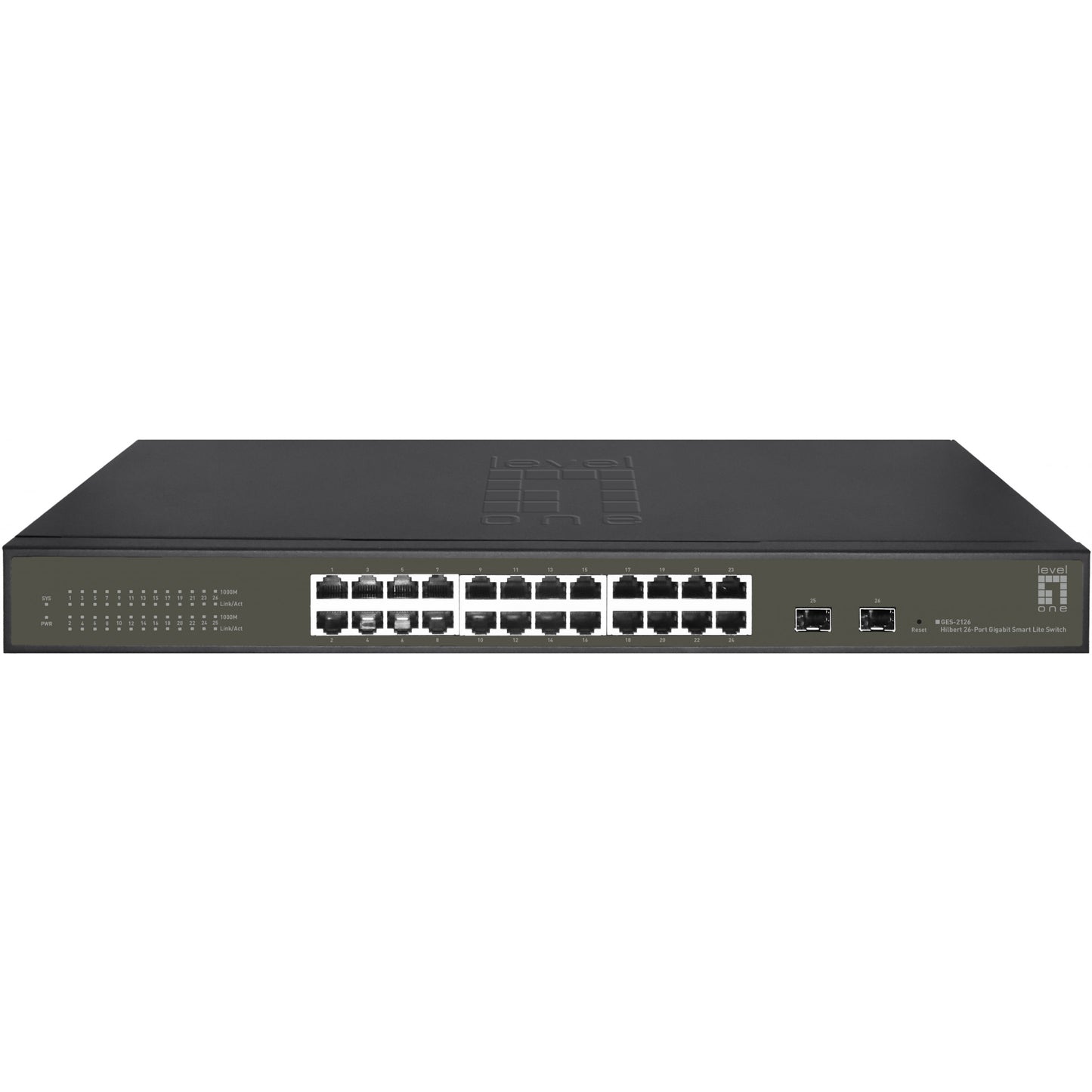 LevelOne Hilbert 26-portni gigabitni Smart Lite prekidač. 24 x gigabitni RJ45. 2 x gigabitni SFP. Upravljani. L2. Gigabit Ethernet (10/100/1000). Puni dupleks. Montaža u rack.