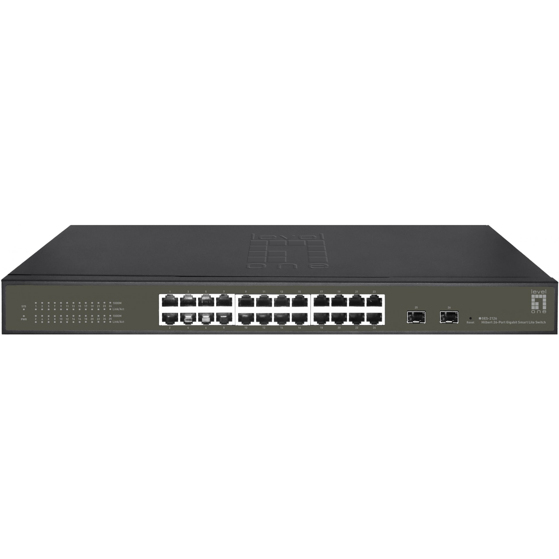 LevelOne Hilbert 26-portni gigabitni Smart Lite prekidač. 24 x gigabitni RJ45. 2 x gigabitni SFP. Upravljani. L2. Gigabit Ethernet (10/100/1000). Puni dupleks. Montaža u rack.