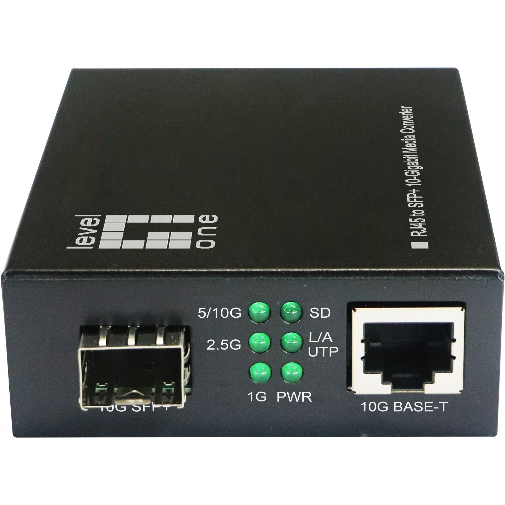 LevelOne 10-gigabitni RJ45 na SFP+ medijski konverter. 10000 Mbps. 10GBase-T. IEEE 802.3ab. IEEE 802.3ae. IEEE 802.3an. IEEE 802.3az. IEEE 802.3bz. IEEE 802.3u. IEEE 802.3z. 2.5 Gigabit Ethernet. 5 Gigabit Ethernet. 10 Gigabit Ethernet. Gigabit Ethernet. 1000, 2500, 5000, 10000 Mbps. Crni