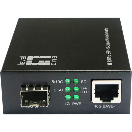 LevelOne 10-gigabitni RJ45 na SFP+ medijski konverter. 10000 Mbps. 10GBase-T. IEEE 802.3ab. IEEE 802.3ae. IEEE 802.3an. IEEE 802.3az. IEEE 802.3bz. IEEE 802.3u. IEEE 802.3z. 2.5 Gigabit Ethernet. 5 Gigabit Ethernet. 10 Gigabit Ethernet. Gigabit Ethernet. 1000, 2500, 5000, 10000 Mbps. Crni