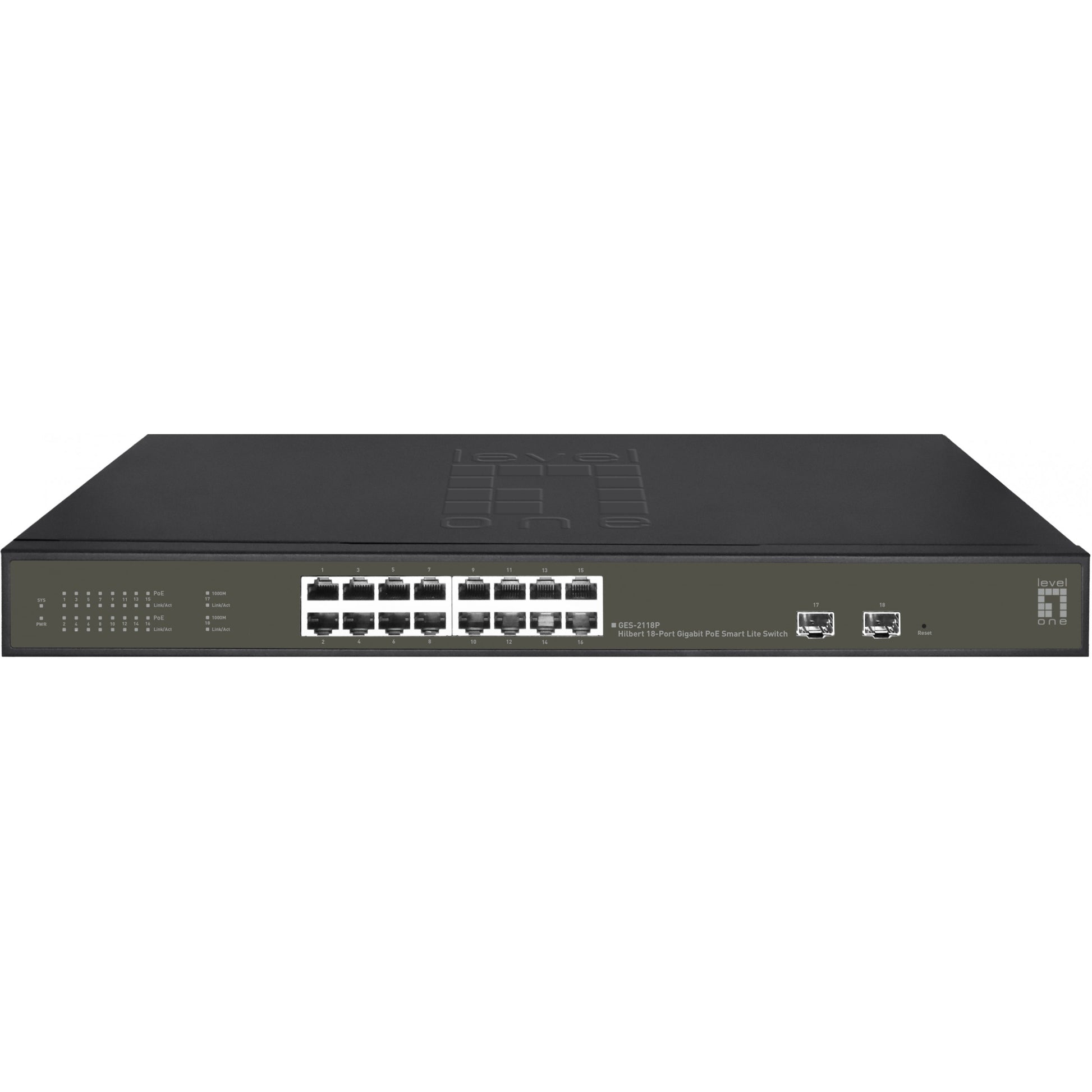 LevelOne Hilbert 18-portni gigabitni PoE Smart Lite prekidač. 16 PoE izlaza. 2 x Gigabit SFP. 802.3at/af PoE. 230W PoE budžet napajanja. Upravljani. Sloj 2. Gigabit Ethernet (10/100/1000). Potpuni dupleks. Napajanje preko Etherneta (PoE). Mogućnost montaže u rack.