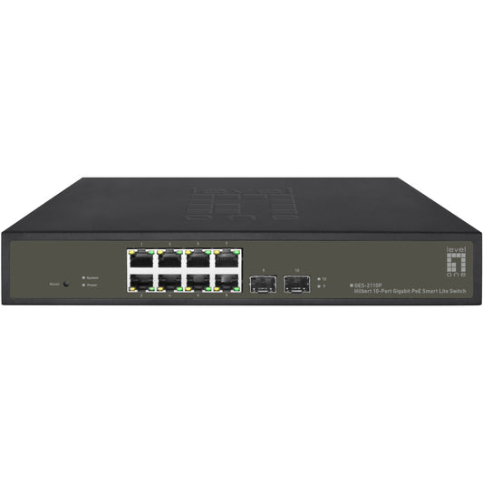 LevelOne Hilbert 10-portni gigabitni PoE Smart Lite prekidač. 8 PoE izlaza. 2 x gigabitni SFP. 802.3at/af PoE. 130W PoE budžet napajanja. Upravljani. L2. Gigabit Ethernet (10/100/1000). Potpuni dupleks. Napajanje preko Etherneta (PoE)