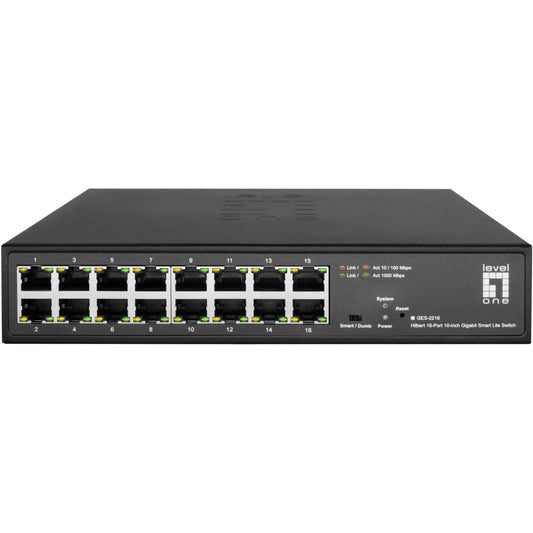 LevelOne Hilbert 10-16-portni gigabitni pametni Lite prekidač. 16 x Gigabit RJ45 (10/100/1000) Upravljani. L2. Gigabit Ethernet (10/100/1000). Puni dupleks. Montaža u rack.