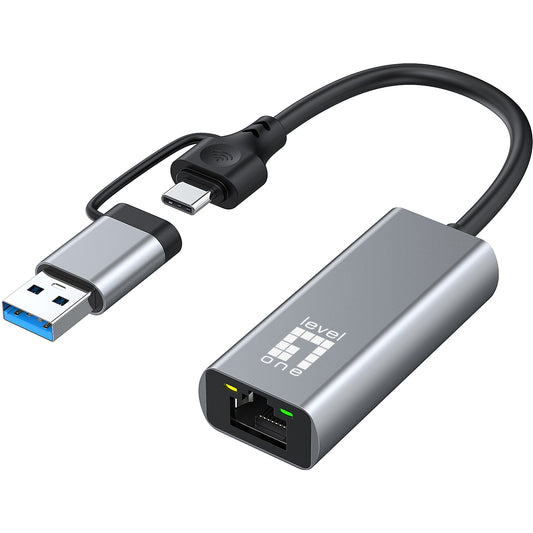 LevelOne USB-0423. Žični. USB Tip-A/USB Tip-C. Ethernet. 2500 Mbps. Siva.