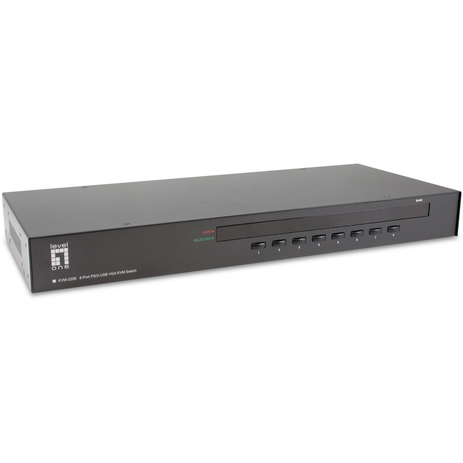 LevelOne 8-portni PS/2-USB VGA KVM prekidač. 2048 x 1536 piksela. Montaža u rack. 1U. Crna.
