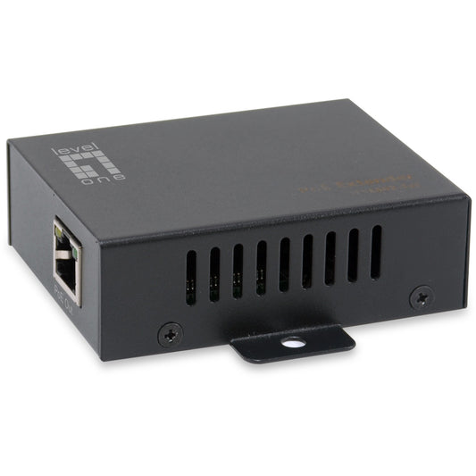 LevelOne 1-portni RJ-45 gigabitni PoE repetitor. IEEE 802.3. IEEE 802.3af. IEEE 802.3at. IEEE 802.3u. IEEE 802.3x. Crna. 100m. RoHS. UKCA. CE. 0 - 40 °C. 0 - 90%