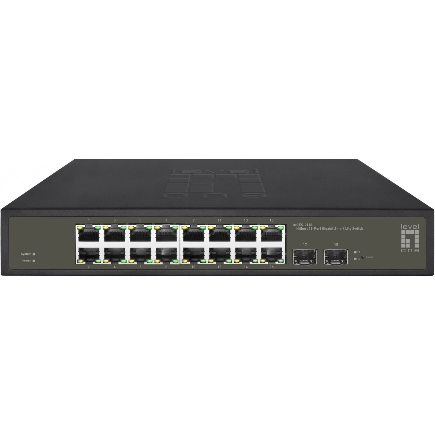 LevelOne Hilbert 18-portni gigabitni Smart Lite prekidač. 16 x gigabitni RJ45. 2 x gigabitni SFP. Upravljani. L2. Gigabit Ethernet (10/100/1000). Montaža u rack.