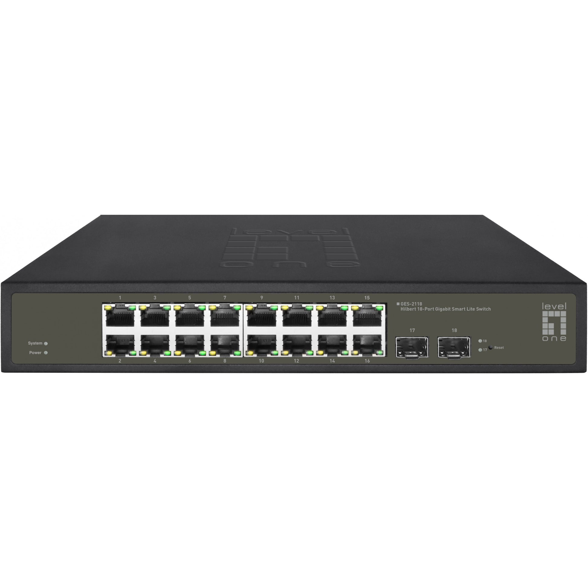 LevelOne Hilbert 18-portni gigabitni Smart Lite prekidač. 16 x gigabitni RJ45. 2 x gigabitni SFP. Upravljani. L2. Gigabit Ethernet (10/100/1000). Montaža u rack.