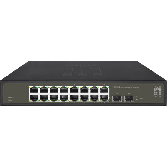 LevelOne Hilbert 18-portni gigabitni Smart Lite prekidač. 16 x gigabitni RJ45. 2 x gigabitni SFP. Upravljani. L2. Gigabit Ethernet (10/100/1000). Montaža u rack.