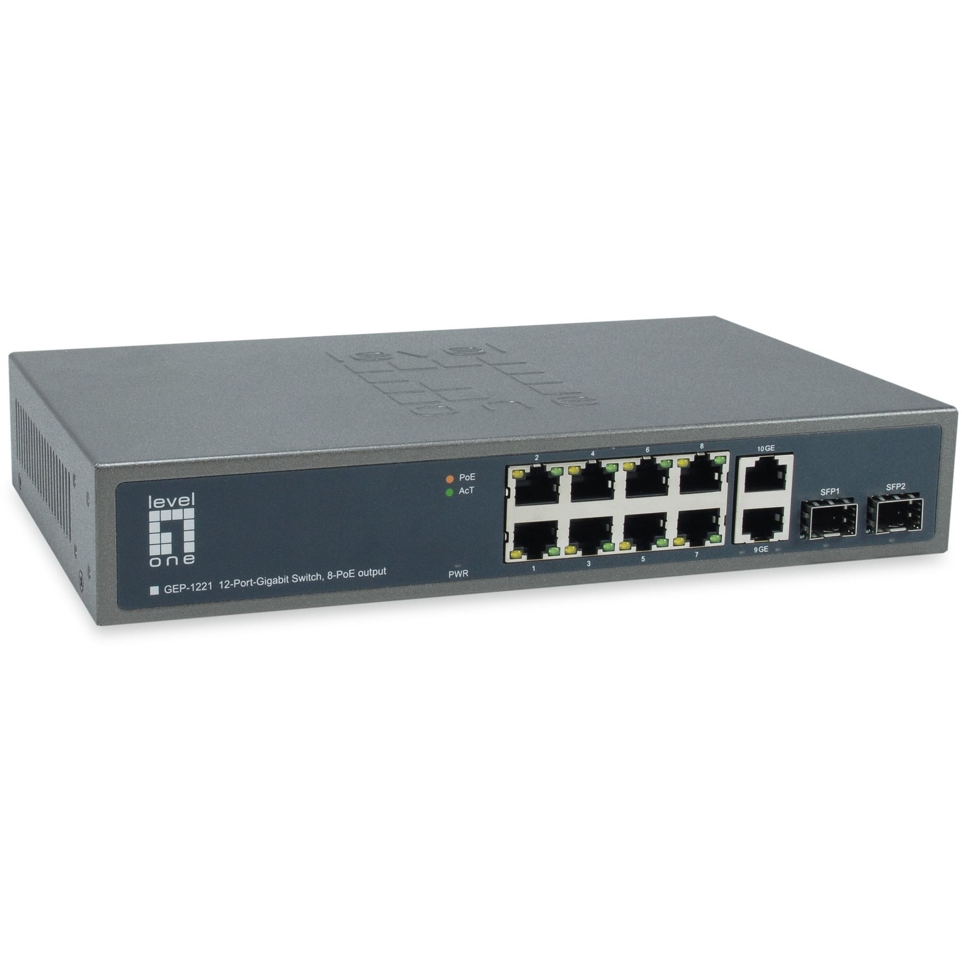 LevelOne GEP-1221. Neupravljan. Gigabit Ethernet (10/100/1000). Napajanje preko Etherneta (PoE). Ugradnja u rack