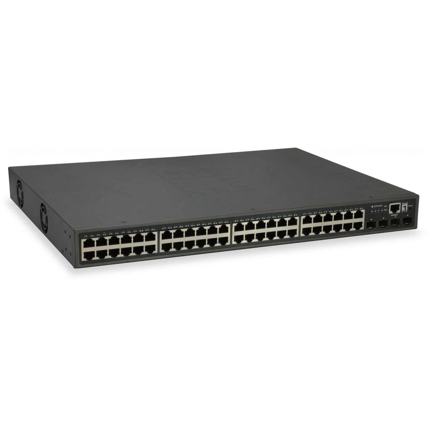 LevelOne 52-portni L3 Lite upravljani gigabitni PoE preklopnik. 4 x 10GbE SFP+. 48 PoE izlaza. 400W PoE budžet napajanja. Upravljani. L3. Gigabit Ethernet (10/100/1000). Napajanje preko Etherneta (PoE). Montaža u rack.