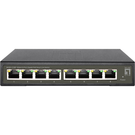 LevelOne Hilbert 8-portni gigabitni PoE Smart Lite prekidač. 802.3at/af PoE. 8 PoE izlaza. 112.8W PoE budžet napajanja. Upravljani. Sloj 2. Gigabit Ethernet (10/100/1000). Potpuni dupleks. Napajanje preko Etherneta (PoE)