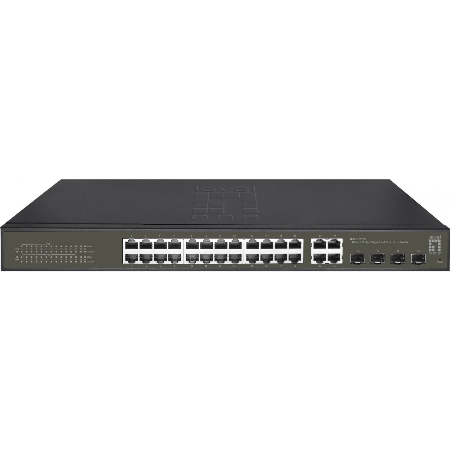 LevelOne Hilbert 28-portni gigabitni PoE Smart Lite prekidač. 24 PoE izlaza. 4 x Gigabit SFP/RJ45 kombinacija. 802.3at/af PoE. 380W PoE budžet napajanja. Upravljani. Sloj 2. Gigabit Ethernet (10/100/1000). Potpuni dupleks. Napajanje preko Etherneta (PoE). Mogućnost montaže u rack.