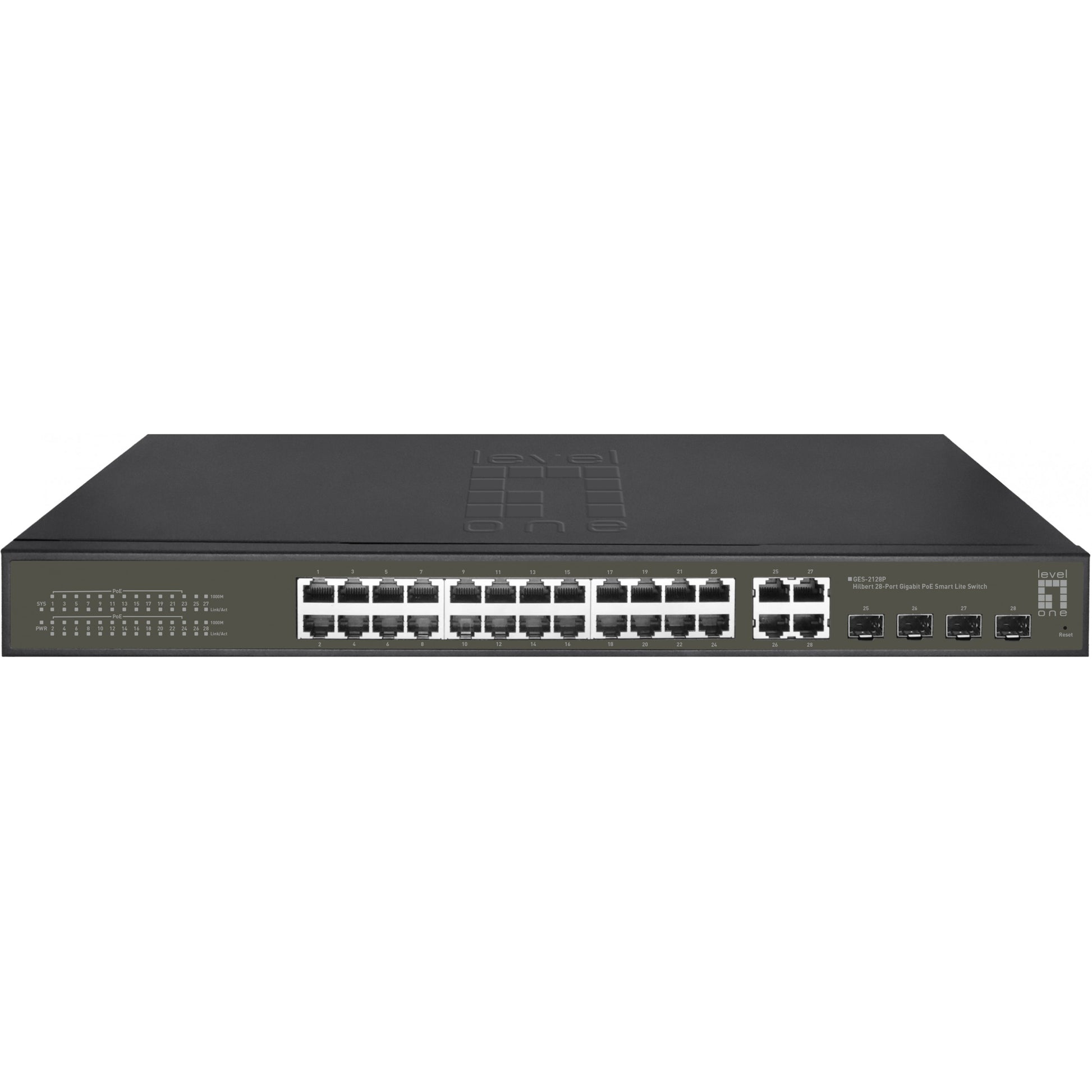 LevelOne Hilbert 28-portni gigabitni PoE Smart Lite prekidač. 24 PoE izlaza. 4 x Gigabit SFP/RJ45 kombinacija. 802.3at/af PoE. 380W PoE budžet napajanja. Upravljani. Sloj 2. Gigabit Ethernet (10/100/1000). Potpuni dupleks. Napajanje preko Etherneta (PoE). Mogućnost montaže u rack.