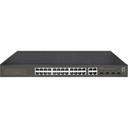 LevelOne Hilbert 28-portni gigabitni PoE Smart Lite prekidač. 24 PoE izlaza. 4 x Gigabit SFP/RJ45 kombinacija. 802.3at/af PoE. 380W PoE budžet napajanja. Upravljani. Sloj 2. Gigabit Ethernet (10/100/1000). Potpuni dupleks. Napajanje preko Etherneta (PoE). Mogućnost montaže u rack.